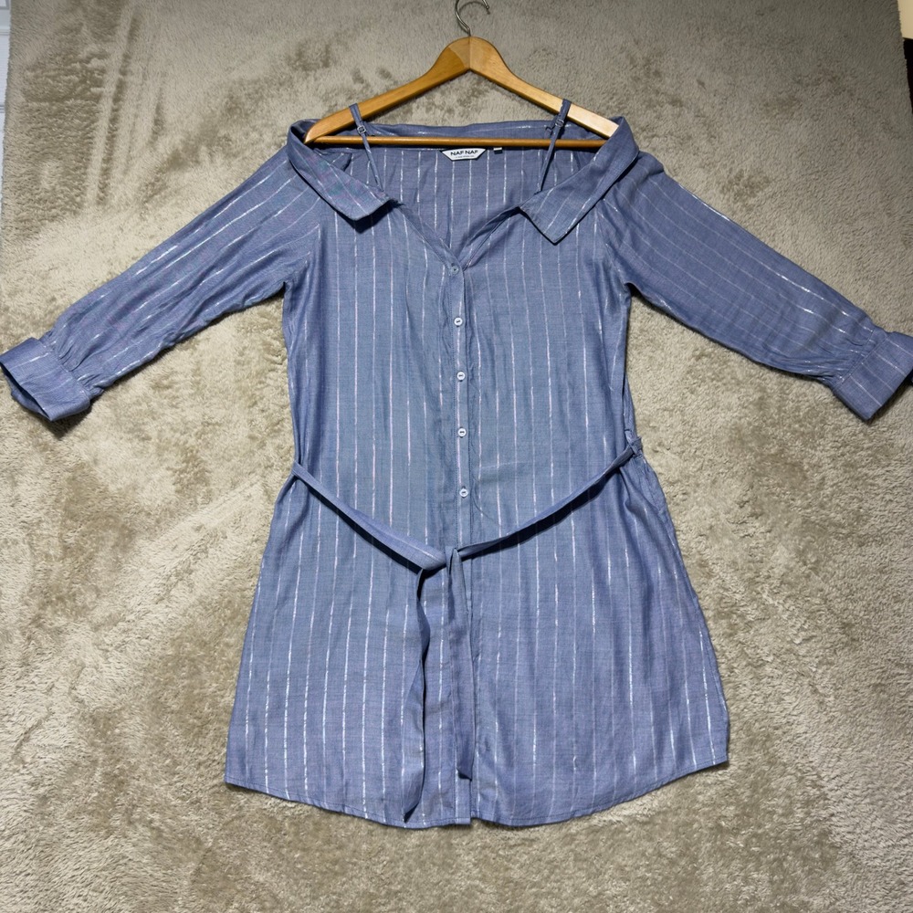 NAF NAF Shirt Dress Women Size L Blue Silver Pinstripe Off Shoulder Belted Mini